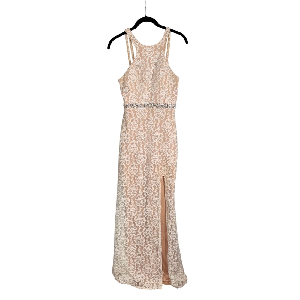 City Triangles Beaded Lace‎ Maxi Dress Nude Formal Evening Gown Size 3